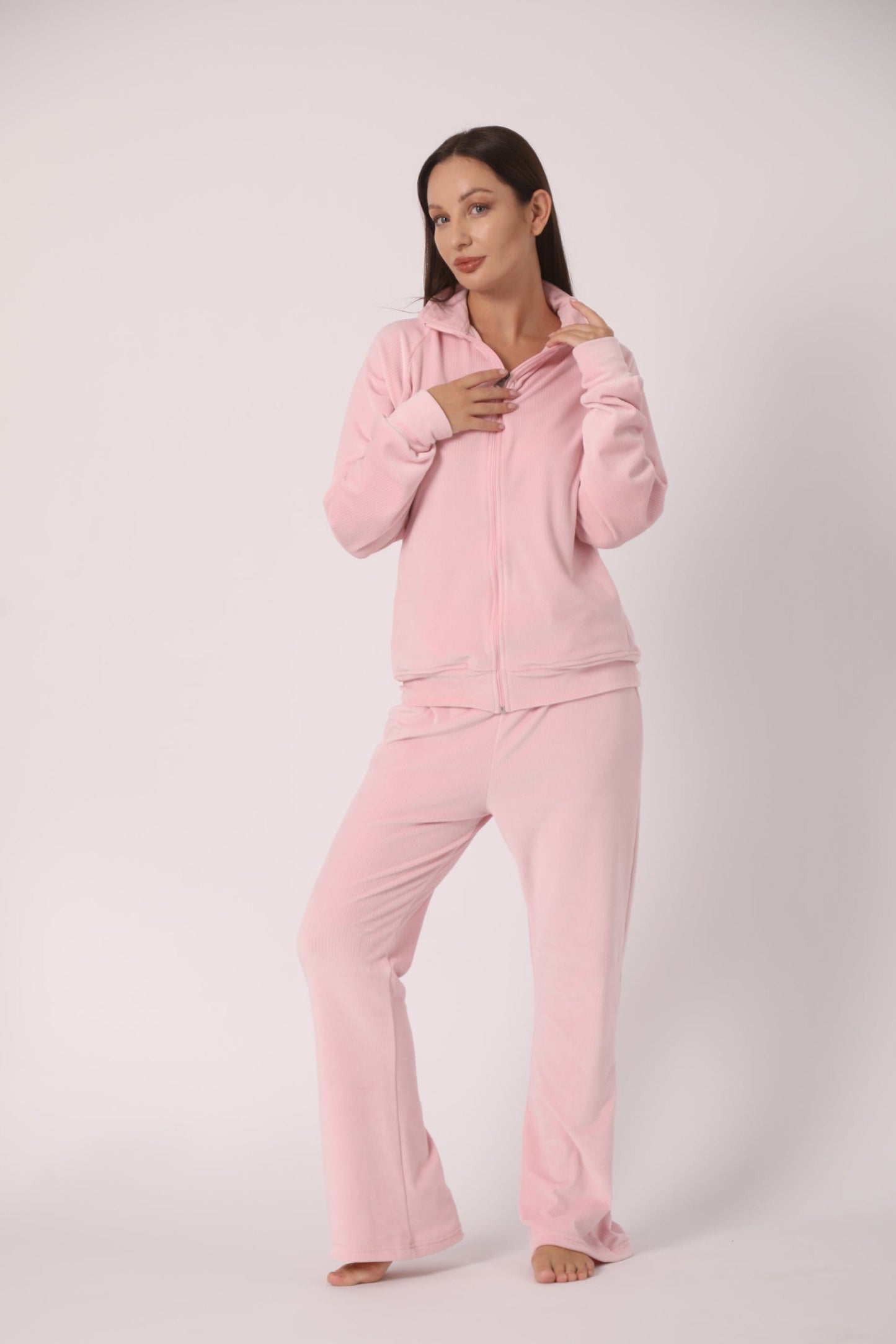 Ribbed Velvet Zipper Pajamas
