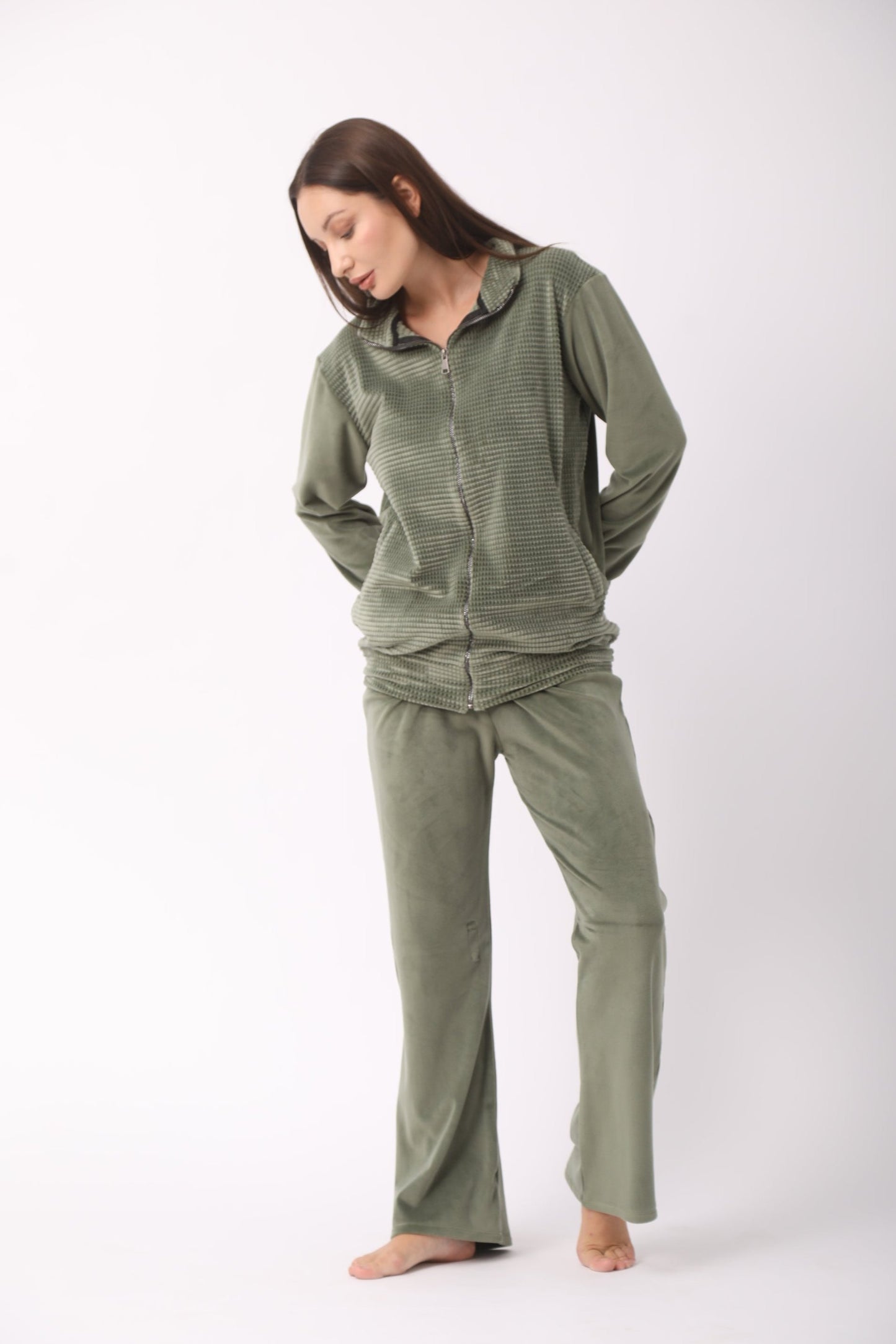 Zippered Dotted Velvet Pajamas