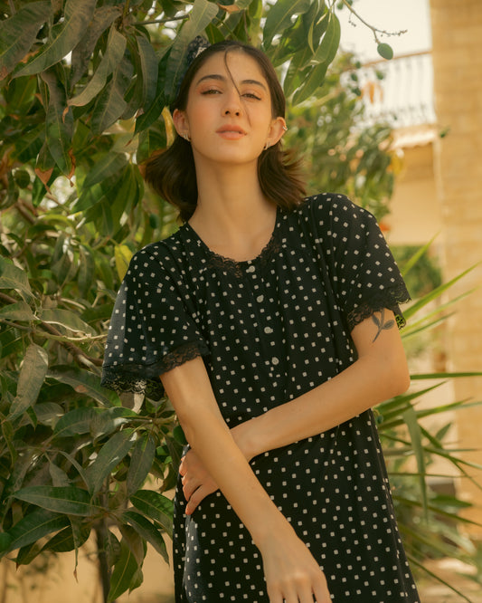 Black Polka Dot Maxi Nightdress