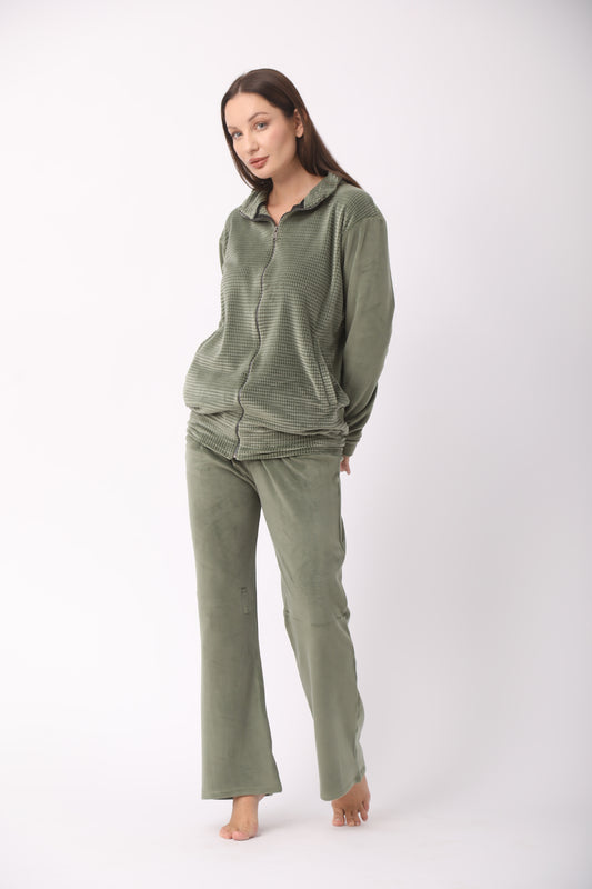 Zippered Dotted Velvet Pajamas