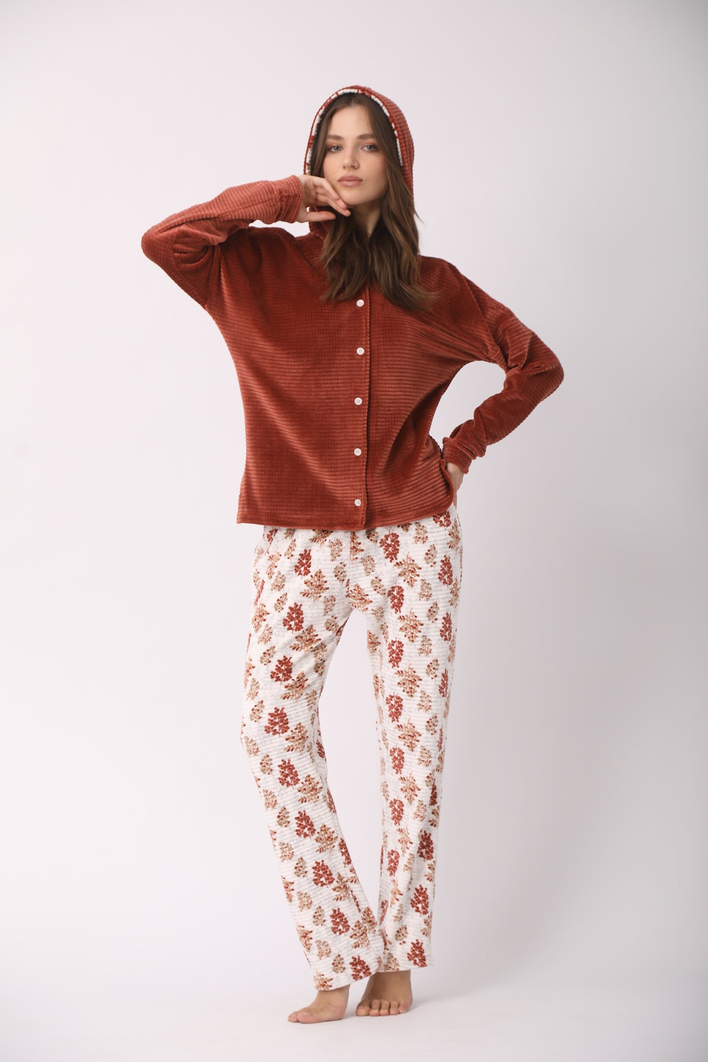 Hooded Floral Print Pants with Solid Top