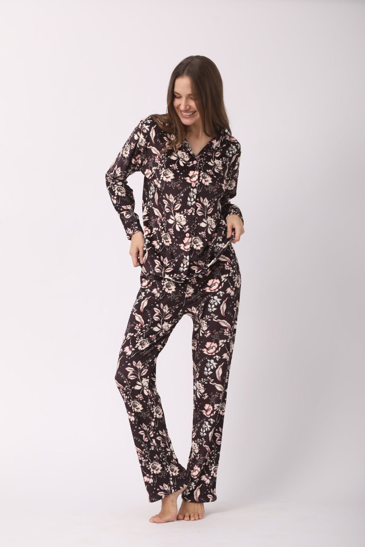 Black Floral Pajamas with Pink Details