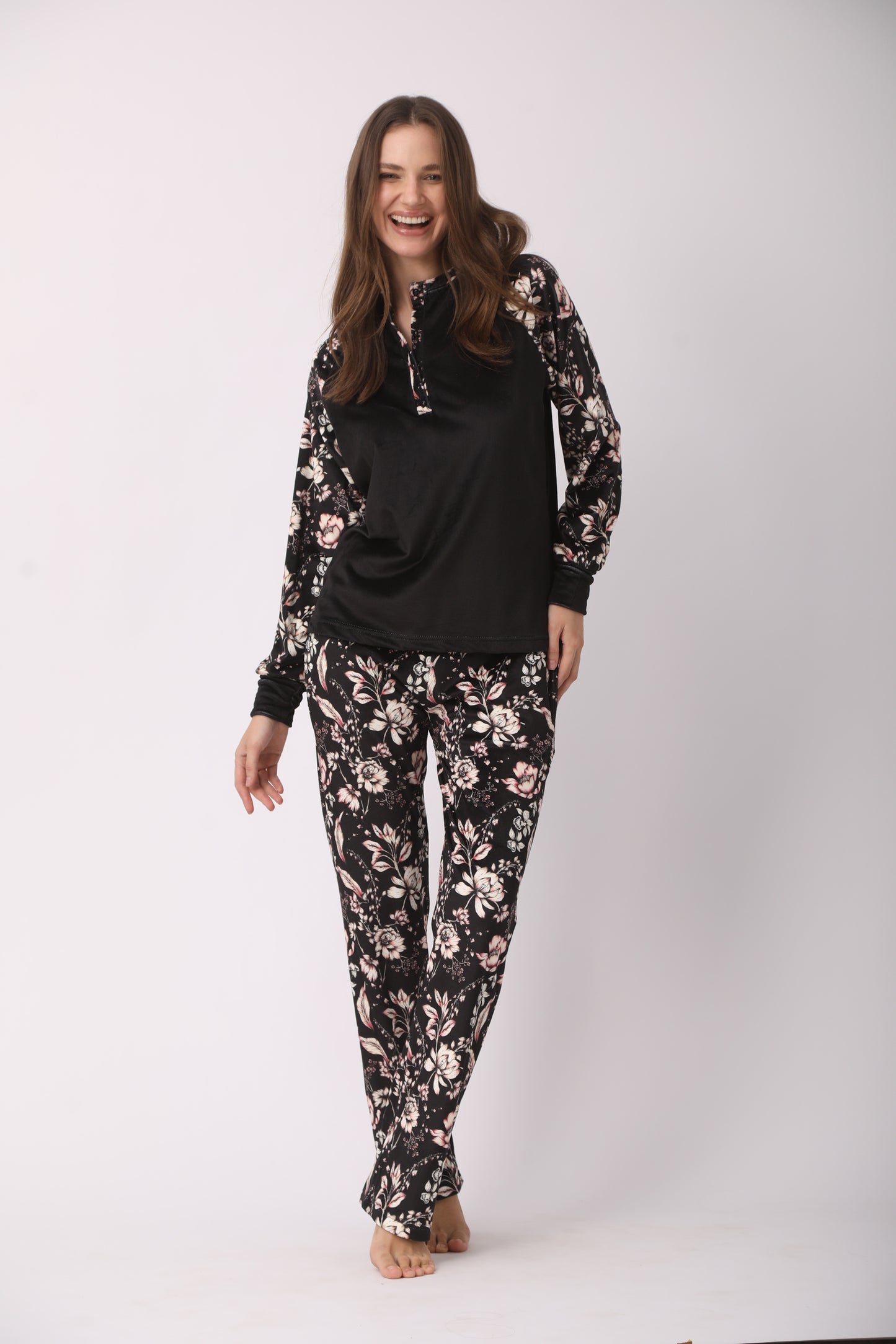 Black Pajamas with Floral Sleeve and Pant Details