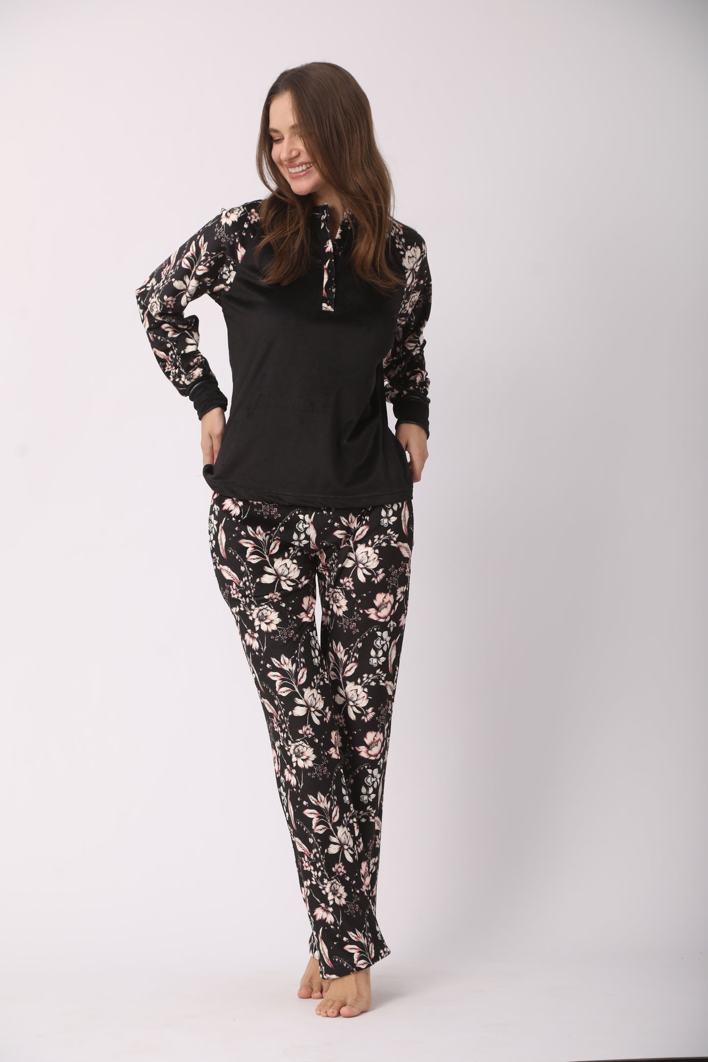 Black Pajamas with Floral Sleeve and Pant Details