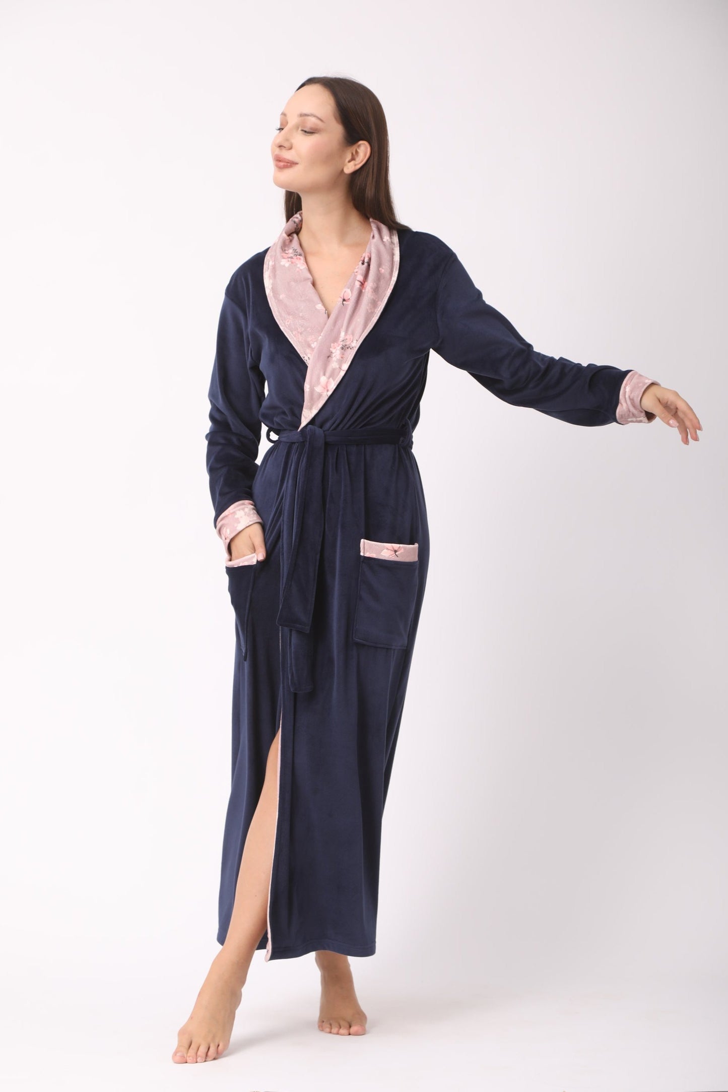 Full-Length Robe with Pink Floral Lining
